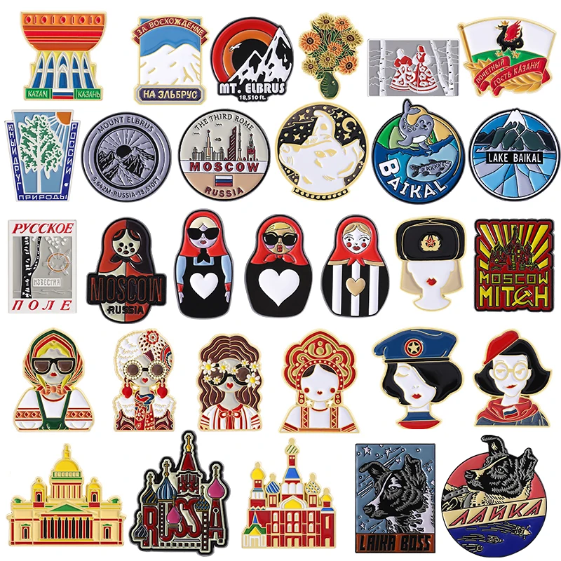 Russian Ethnic Style Customs Traditions Badge Enamel Pin Russian Nesting Doll Kazan Moscow Space Dog Metal Brooches Jewelry Gift