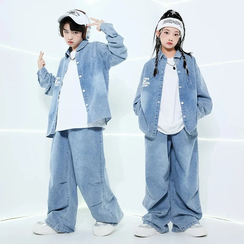 Детская танцевальная одежда в стиле хип-хоп — комплект джинсовой куртки и джинсов, уличная одежда для джаза для мальчиков и девочек, костюм для выступлений для шоу-вечеринки 4–18 лет
