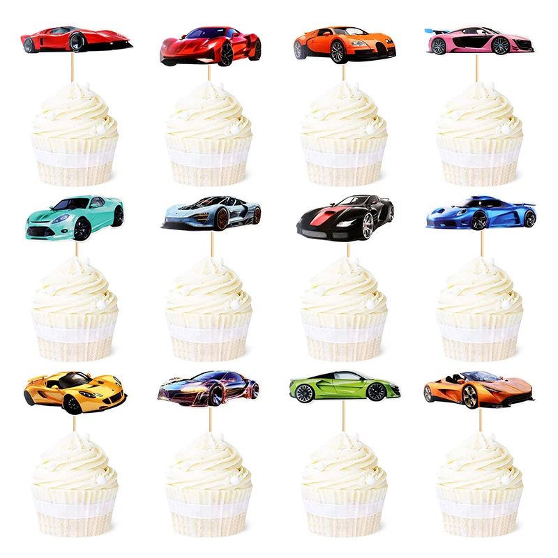 12pcs Racing Car Cake Topper Happy Birthday Wedding Kids Boys Party Baby Shower Cupcake Toppers Decoration Baking Supplies DIY