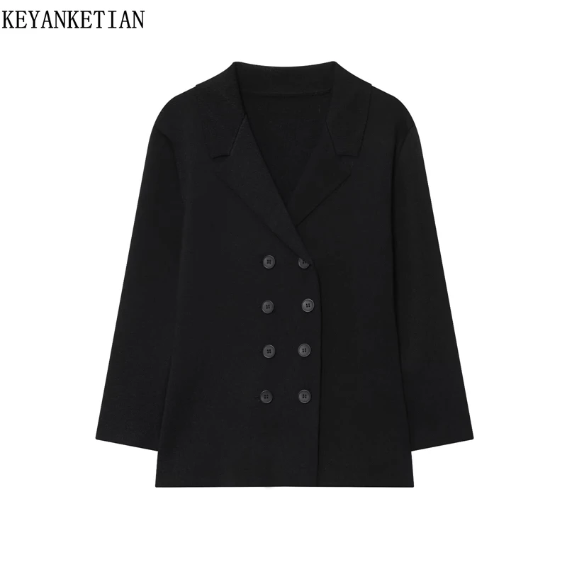 

KEYANKETIAN 2025 Winter New Women's Three Quarter Sleeve Knitted Top Office Lady Double Breasted Slim Black Leisure Knit Shirt