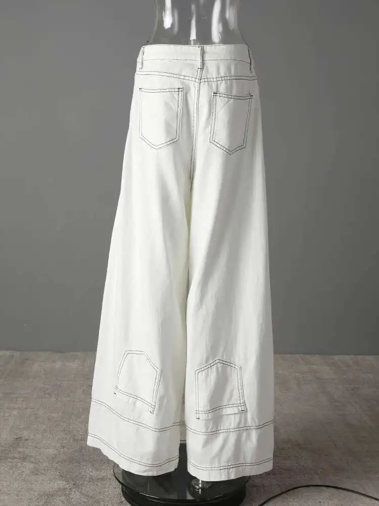 ZMEENNA 女性のホワイトワイドレッグジーンズハイウエストルーズフィットデニムパンツコントラストステッチカジュアルストレートファッション ZM3273