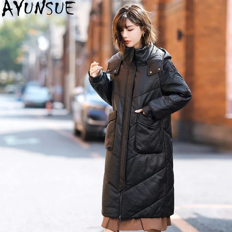 AYUNSUE-Chaqueta de piel de oveja auténtica para mujer, abrigos largos de plumón con capucha, prendas de vestir exteriores, alta calidad, Invierno