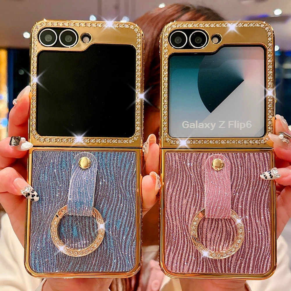 

Luxury Gold Glitter Diamond Ring Phone Cover Water Wave Pattern Case for Samsung Galaxy Z Flip 7 Flip 4 Z Flip 6 Z Flip 5 Flip 3