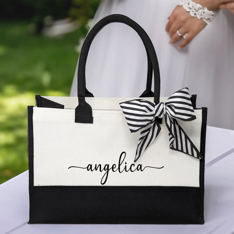 Spersonalizowane torby z monogramem dla kobiet druhna torba plażowa ślubna dla nowożeńców Baby Shower bardzo duże torby na prezenty z juty
