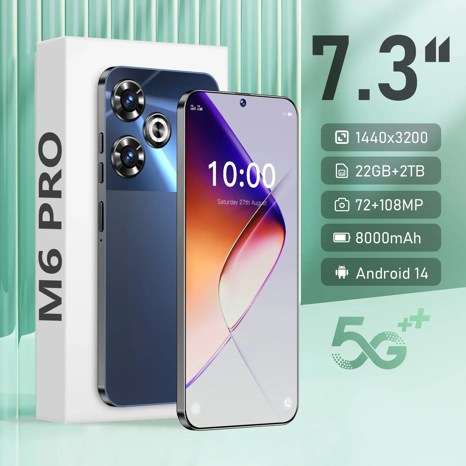 

New Original M6 Pro Smartphone 5G 7.3inch HD 22G+2TB Cell Phone Dual SIM Mobile Phones 50+108MP 8000mAh Android 14 Unlocked