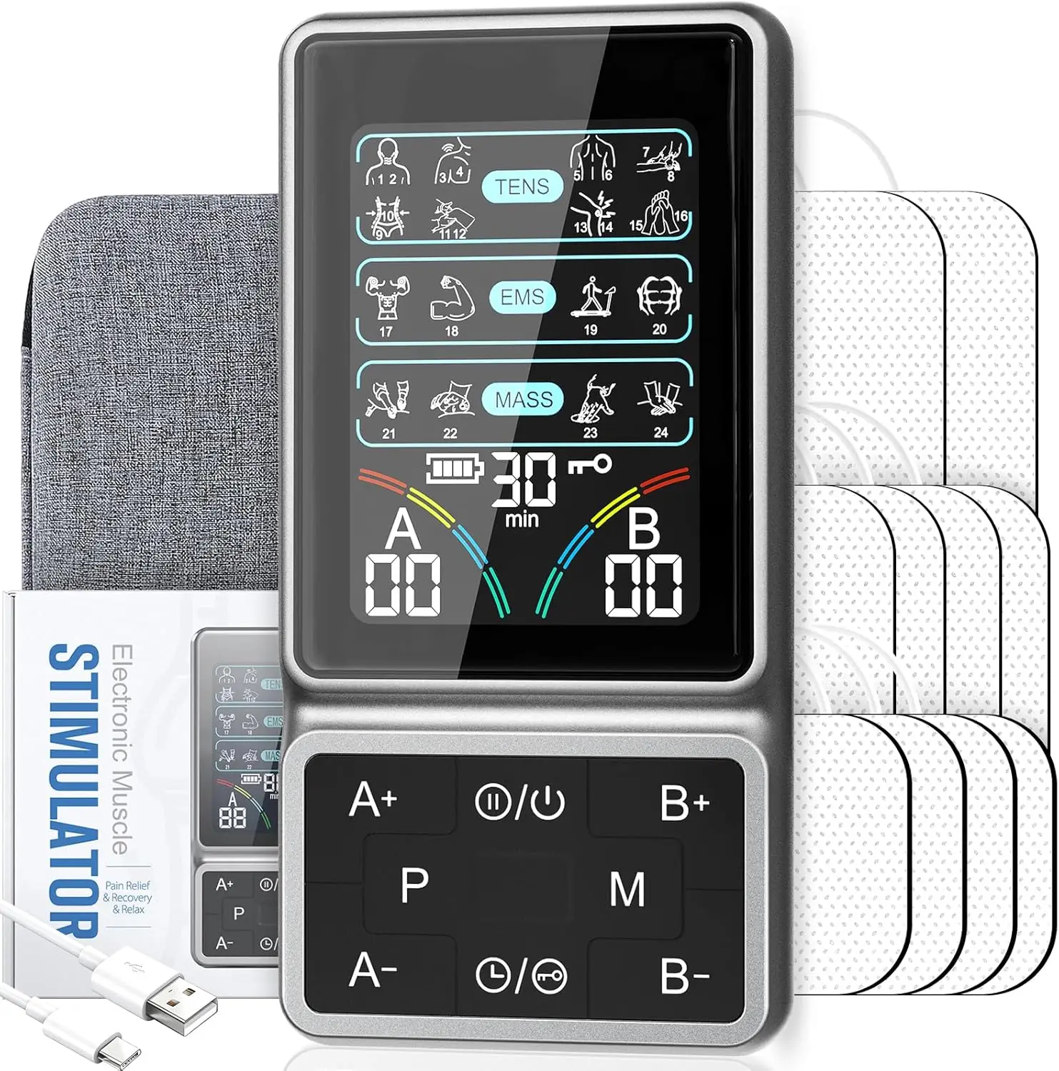 

TENS Unit Muscle Stimulator with HD Color Screen, 3-in-1 TENS EMS Machine for Pain Relief & Muscle Recovery, 24 Modes