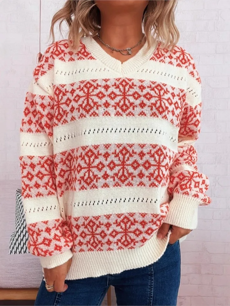 

Осенне-зимний новый рождественский свитер со снежинками в контрастную полоску в стиле ретро, повседневный свитер с v-образным вырезом, женский универсальный свитер с длинными рукавами