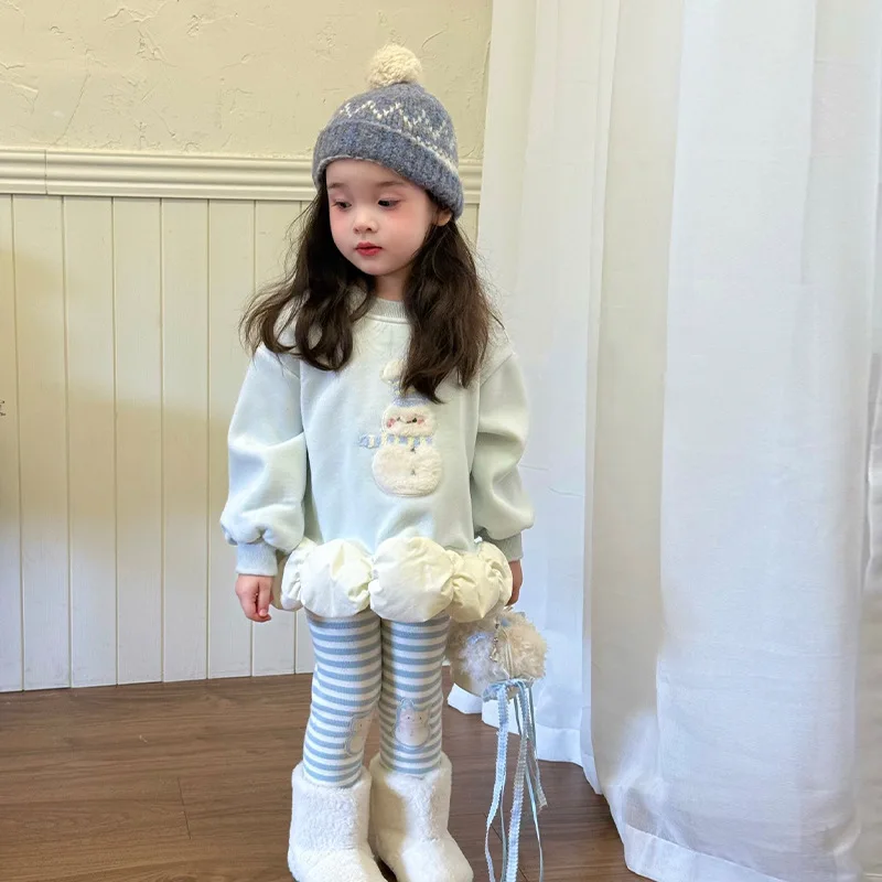 Autumn Winter Girls' Velvet Pants Set Cartoon Plush Snowman Round Neck Pullover Kids Blue Striped Warm Leggings 2 Pieces Set