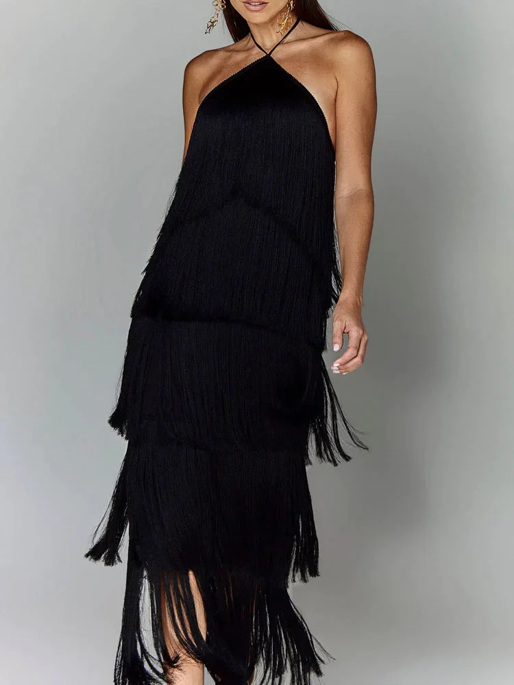 Tassel Patchwork Loungewear Fashion Maxi Dress, Women Summer Sleeveless Halter Party Dress, 2024 Solid High Street Ladies Dress