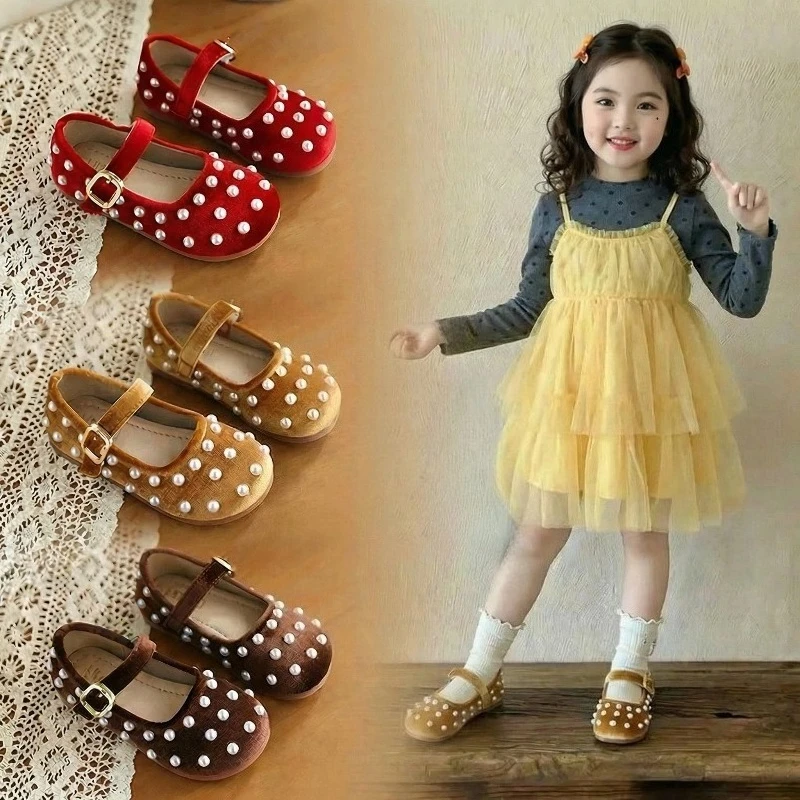 

Girls Causal Pearl Shoes Daily Wear School Kids Leather Shoes Red Brown Gold Princess Non-slip Children Mary Janes Wedding Party