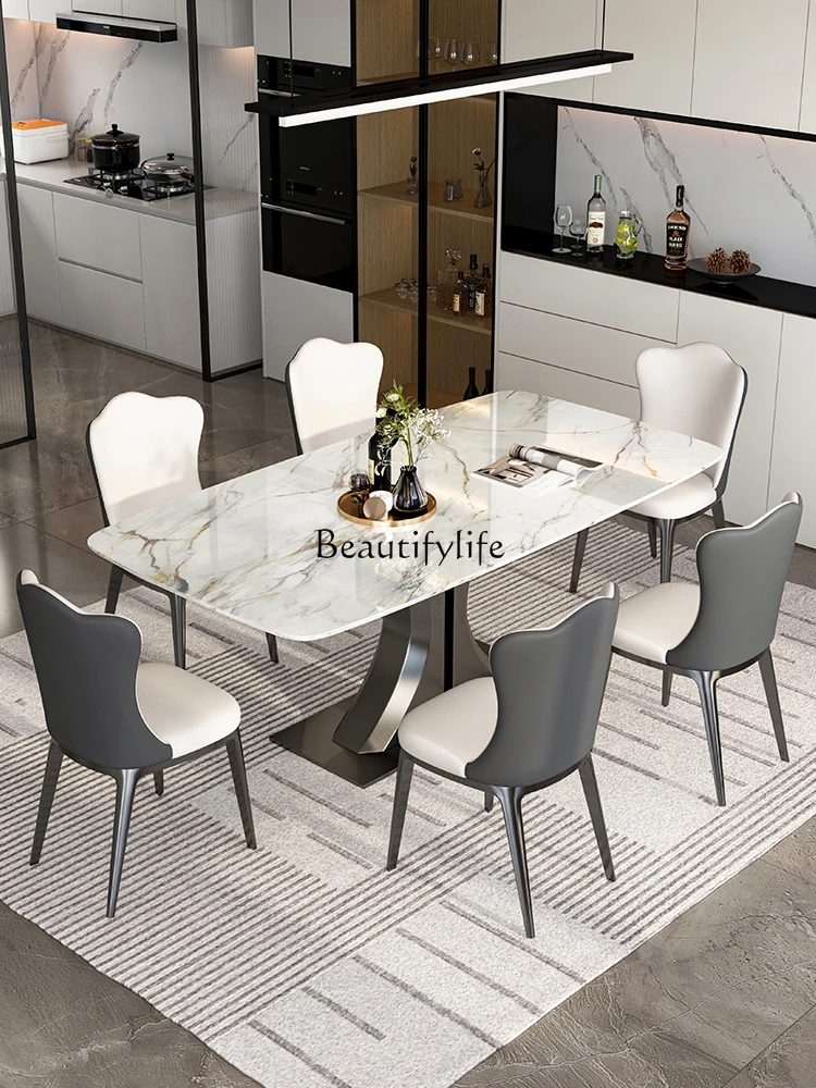 Light Luxury Modern Minimalist High Marble Super Crystal Stone Dining Tables and Chairs Set