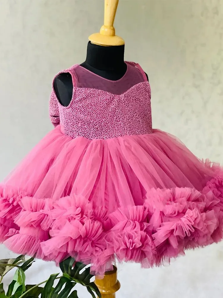 

Customized Pink Tulle Puffy Flower Girl Dresses for Wedding With Bow Sleeveless Kids Pageant Party Gown First Communion Gown