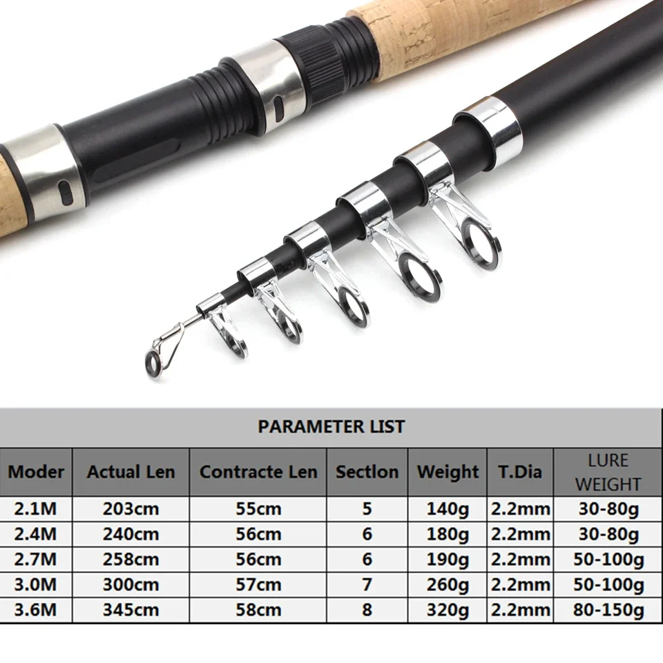 2.4m-3.6m Telescopic Spinning Fishing Rod Carp Sea Rock Pole 30-150g