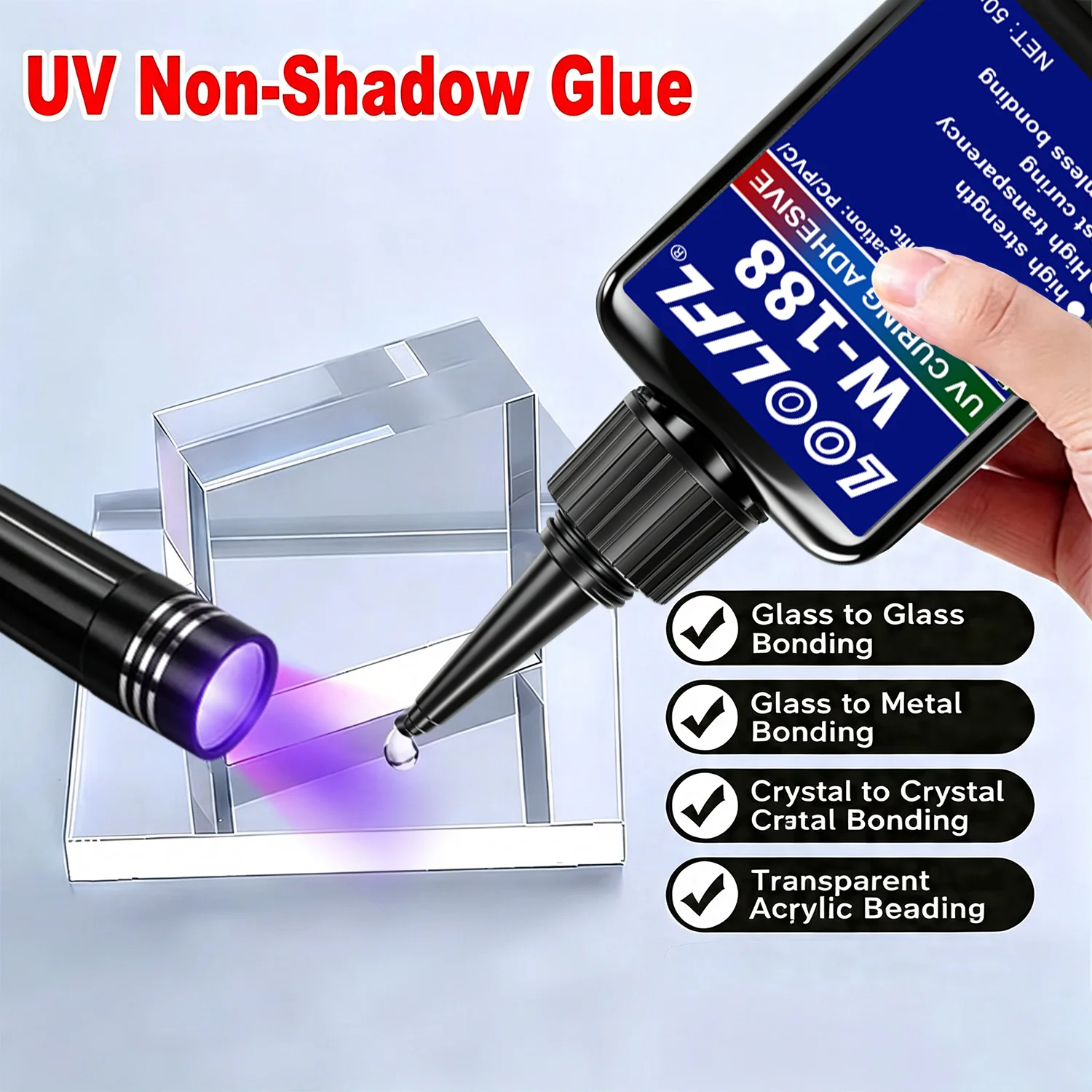 W-183 Neuer starker, hochfester 50ml klarer UV-Harzkleber, UV-härtender Klebstoff für DIY-Kristallhandwerk, Reparatur von Glas, Metall, ABS