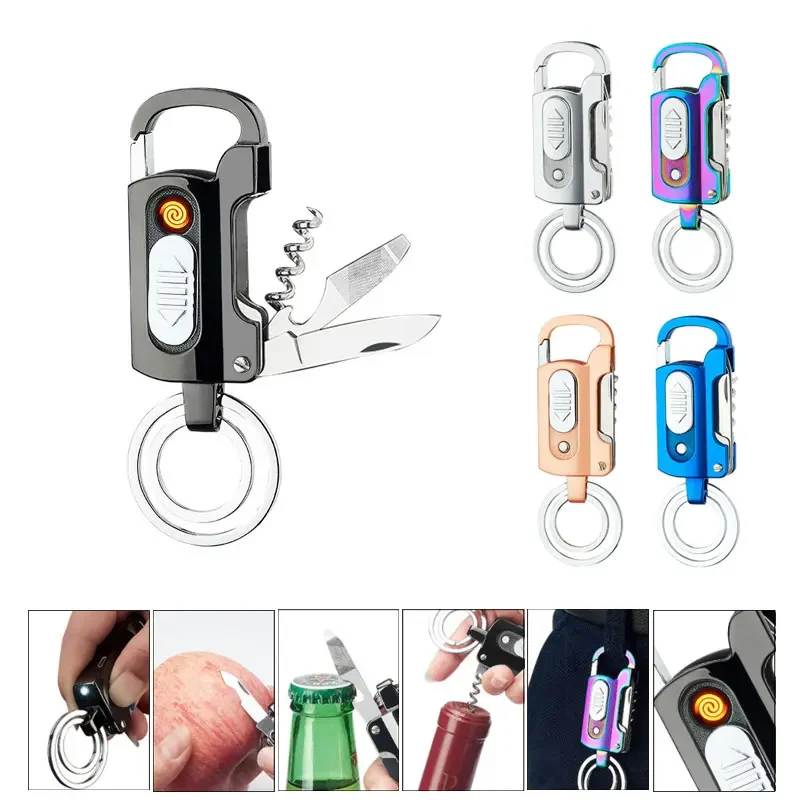 

EDC Multifunctional Keychain Electric Lighter Alloy Windproof Cool Lighters Wine Opener Knife Flashlight Slotted Screwdriver