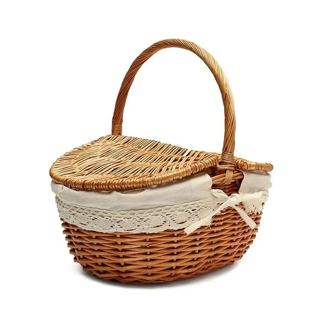 Country Style Wicker Basket With Handle Wicker Camping Picnic Basket With Double Lids Shopping Storage Hamper Basket