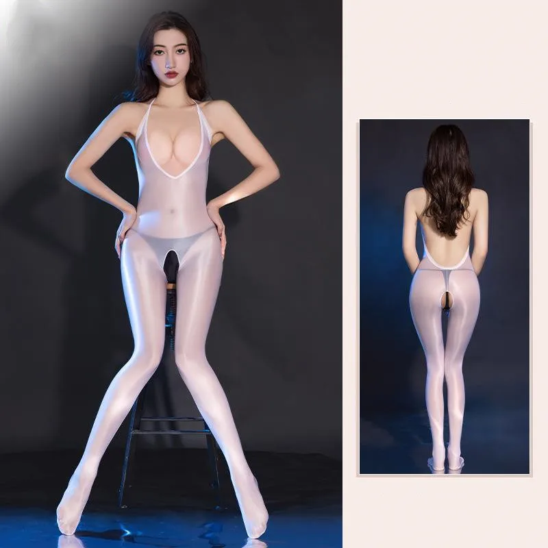 Sexy Women Suspenders Backless Crotchless Bodysuit Sheer Open Crotch Erotic Tights Glossy Jumpsuit One-piece Body Stockings