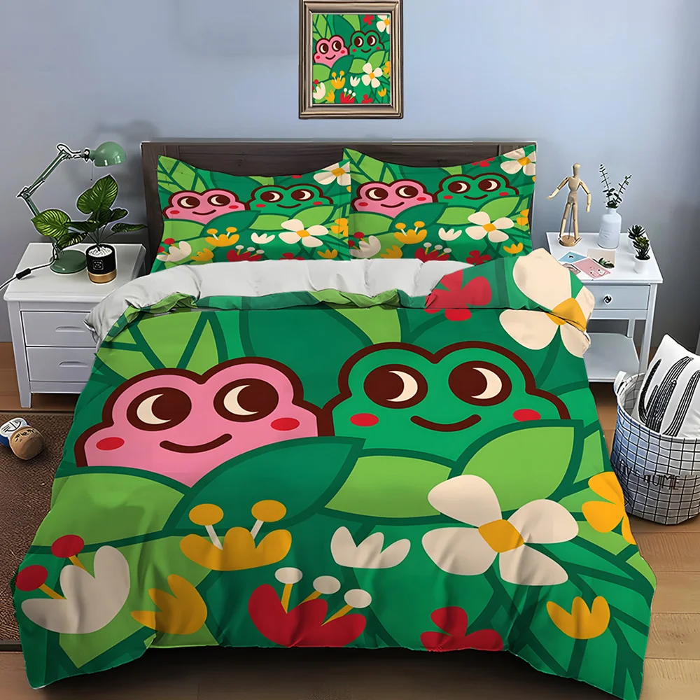 Cartoon frogs in floral background Print Bedding Set 1 Duvet Cover 2 Pillowcases for Adult and Children Luxury Gift Full Size