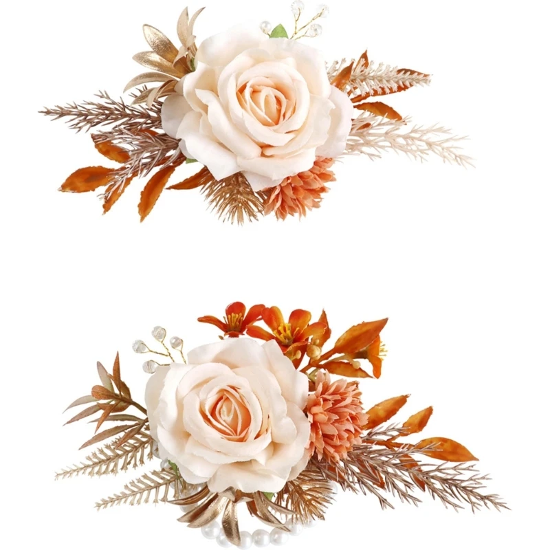 

N0HB Functional Flower Accessories Set For Wedding Celebration Artificial Silk Flower Corsage and Bracelets Set Ornament