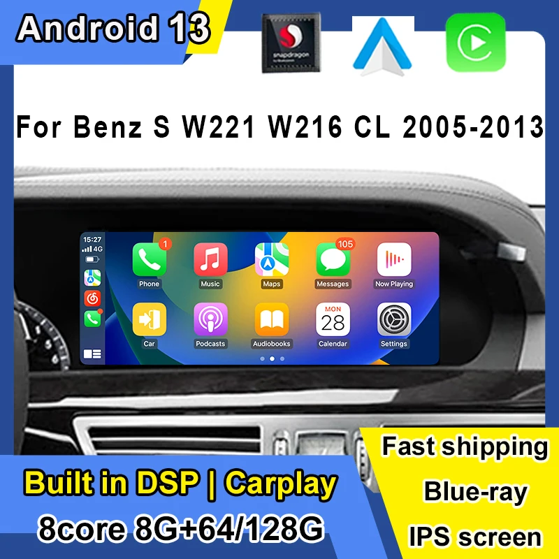 

Android 13 Car Screen Player GPS Navi Multimedia Stereo 8+128GB RAM WIFI Google Carplay For BENZ S W221 W216 CL 2005-2013