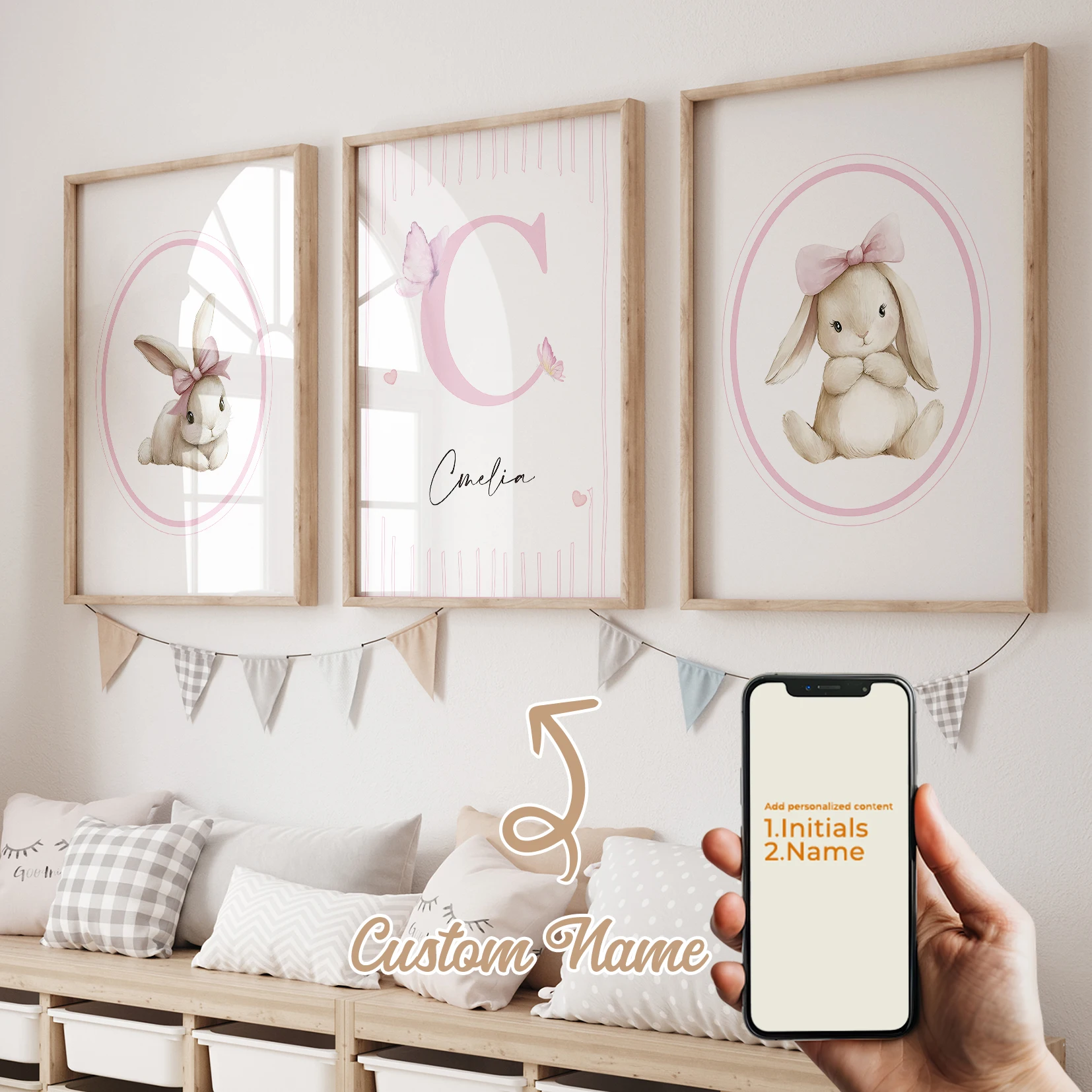 3pcs Personalized Custom Name Cartoon Rabbit, Bow Wall Art Print Picture Canvas Poster Painting For Living Room Home Decor