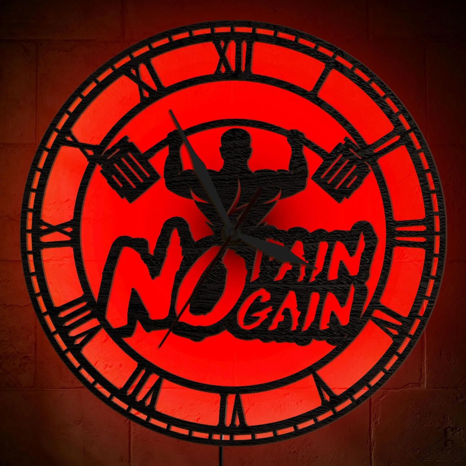 No Pain No Gain Weightlifter Silhouette Wooden Wall Clock Multi Color LED Light Bodybuilder Personalized Night Light  Wall Clock