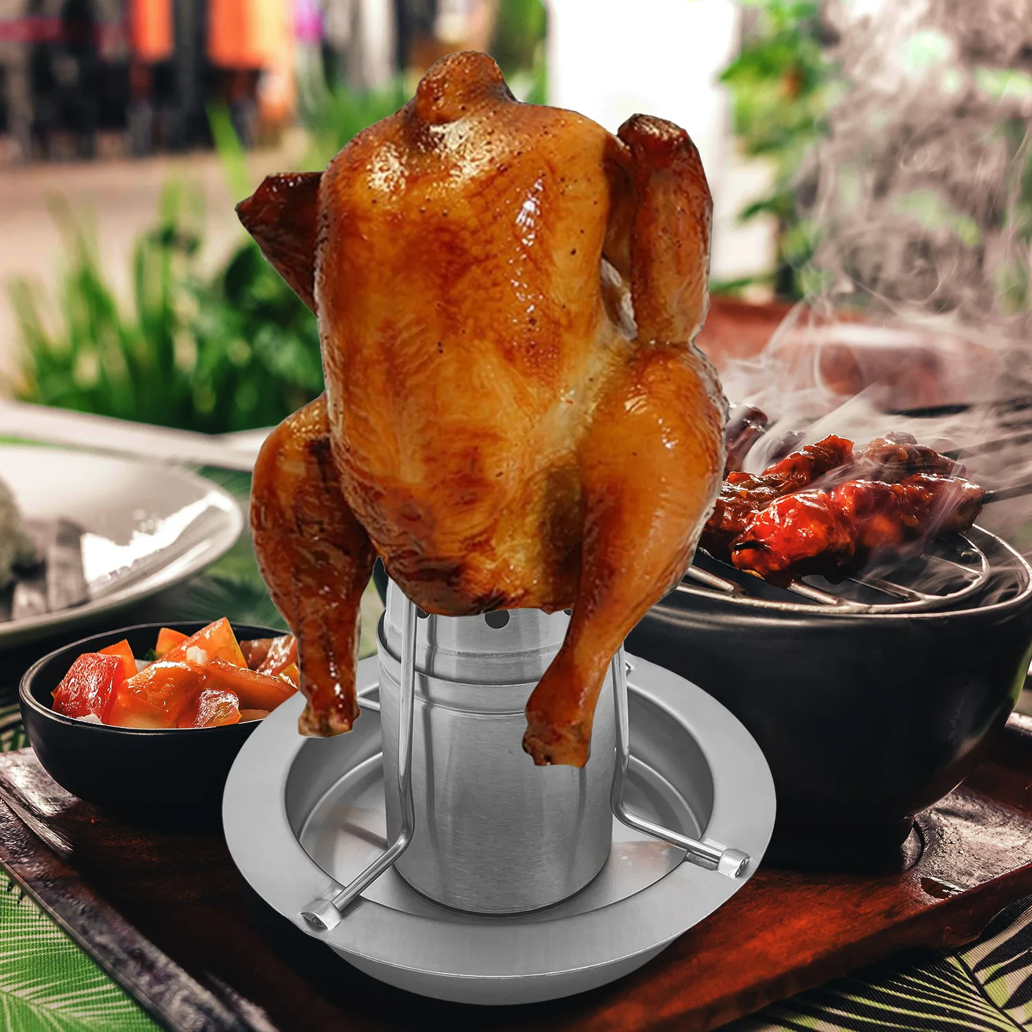 

Chicken Roaster Stand Stainless Steel Beer Can Vertical Chicken Holder with Drip Pan Upright Chicken Barbecue Rack for Grill