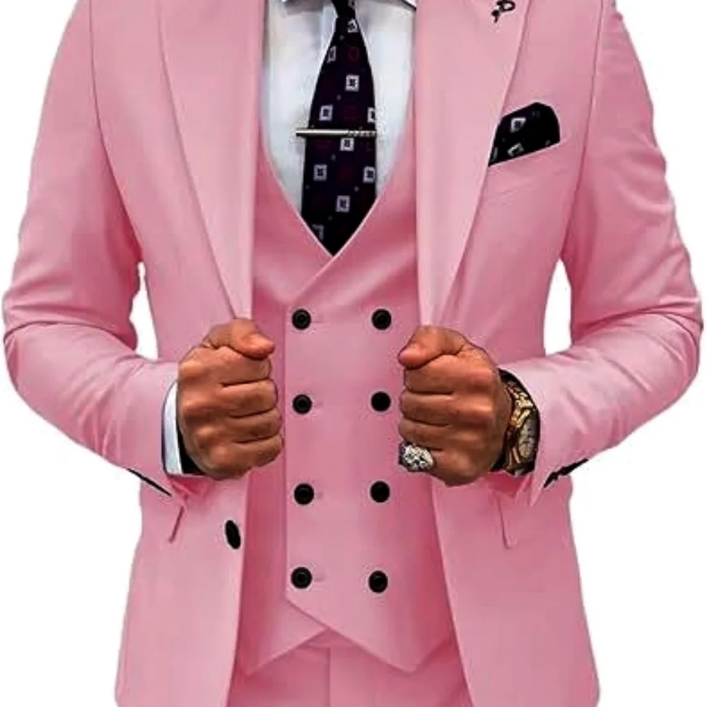 Elegant Roze 3-delig Heren Smoking Pak Met Piek Revers Blazer Vest En Broek Set Voor Bruiloft Business banket Bruidegom Kledij