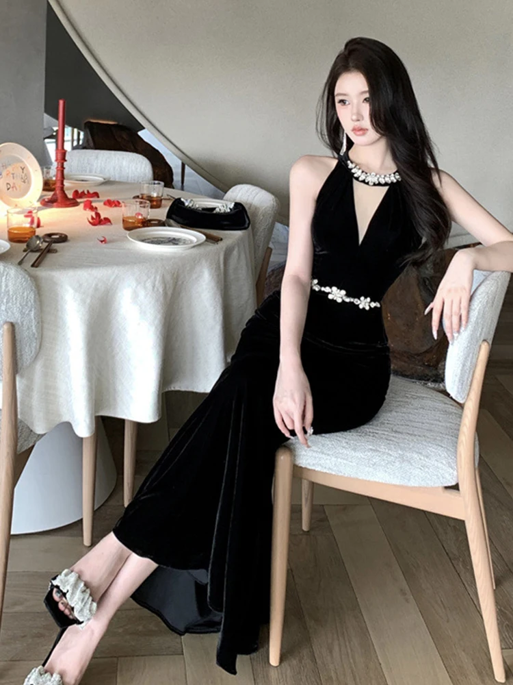 فستان سهرة رسمي مثير عتيق للنساء أنيق أسود رسن بقماش شفاف لصق ذيل السمكة رداء نسائي للحفلات فيستدوس فييستا