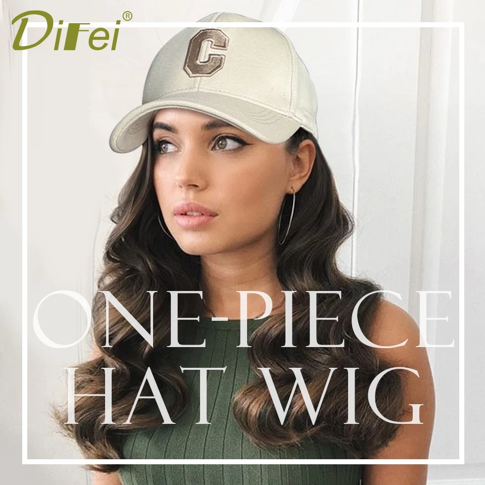 DIFEI-Peluca de cabello sintético para mujer, postizo largo de onda de agua con sombrero de béisbol, ajustable de una pieza, resistente al calor