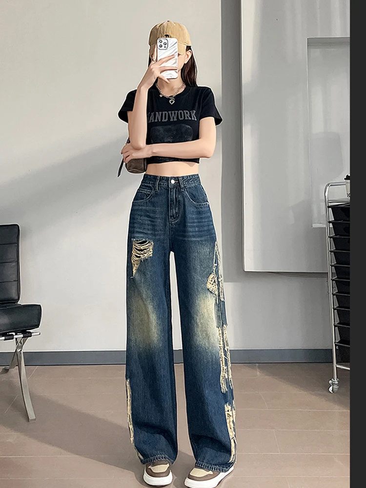 Y2k Baggy Ripped Jeans Frauen Low Rise Gyaru breite Jeans hose Daddies Streetwear Grunge Hippie koreanische Mode Hose