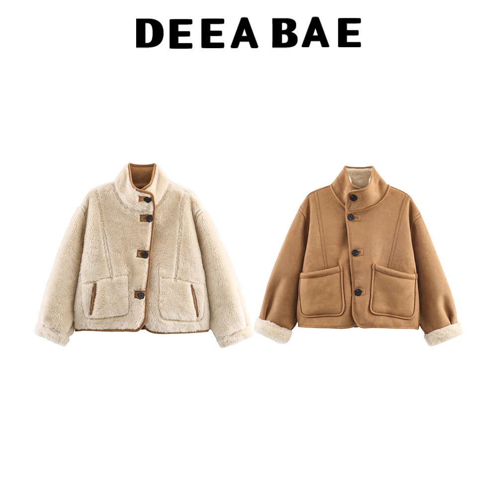 

DEEABAE 2025 winter women's standing collar long sleeved suede effect fleece double-sided jacket jacket jacket