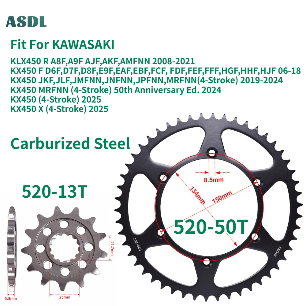 

520 50T 13T Front Rear Motorcycle Sprocket Gear Wheel For KAWASAKI KLX450R 2008-2021 KX450 KX 450 KX450F