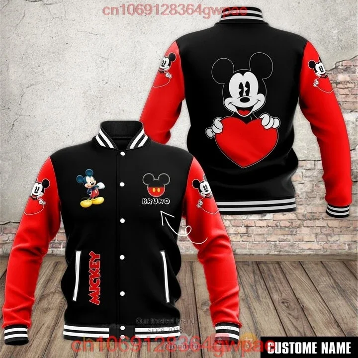 Disney Mickey Minnie Baseball Jacket Men's Women Hip Hop Harajuku Jacket Custom Name Streetwear Boys Girls Loose Coats