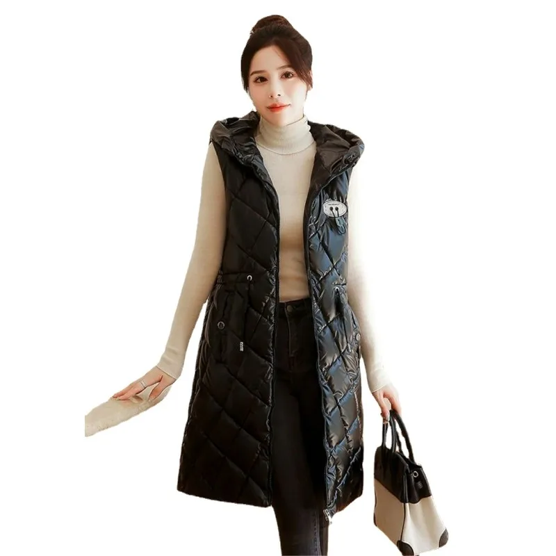 New 2023 Women Winter Glossy Cotton Vest Jacket Hooded Warm Padded Long Coat Fashion Female Waistcoat Outerwear Loose Parka