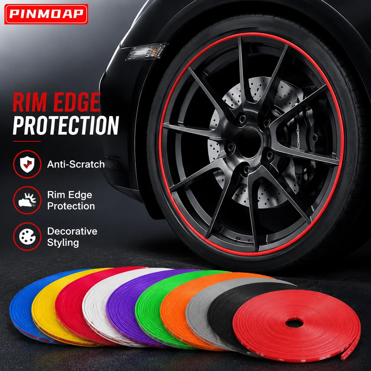 PINMOAP Wheel Rim Protector 8m Roll Universal Car Tire Edge Trim Anti Scratch Curb Rash Guard Fit 13-22 Inch Wheels Rubber Strip