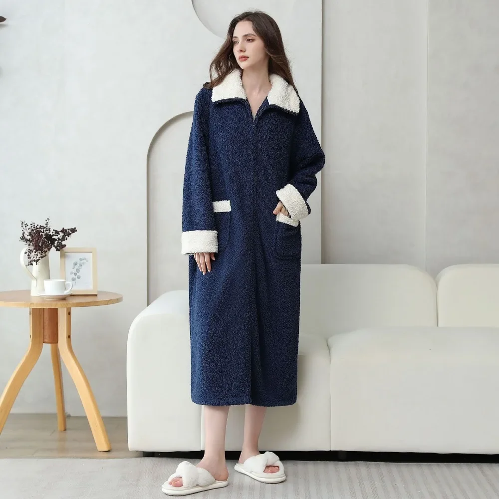 Winter Robes Velvet Couple\'S Home Clothes Zipper Nightdress Tv Blanket Pajamas Soft Warm Pajamas Indoor Outside Wear Bathrobe