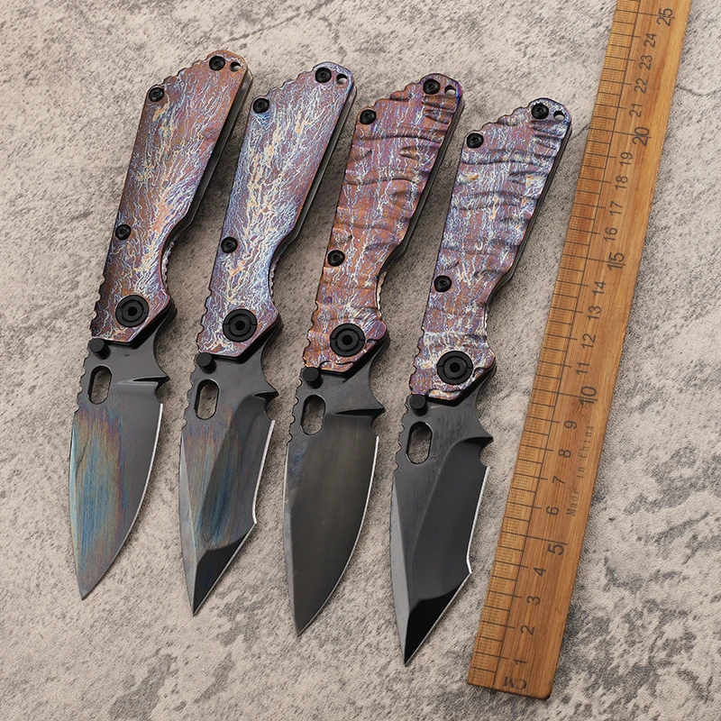 New DLC coating D2 steel fire color titanium alloy handle folding knife pocket fishing survival fruit EDC knife