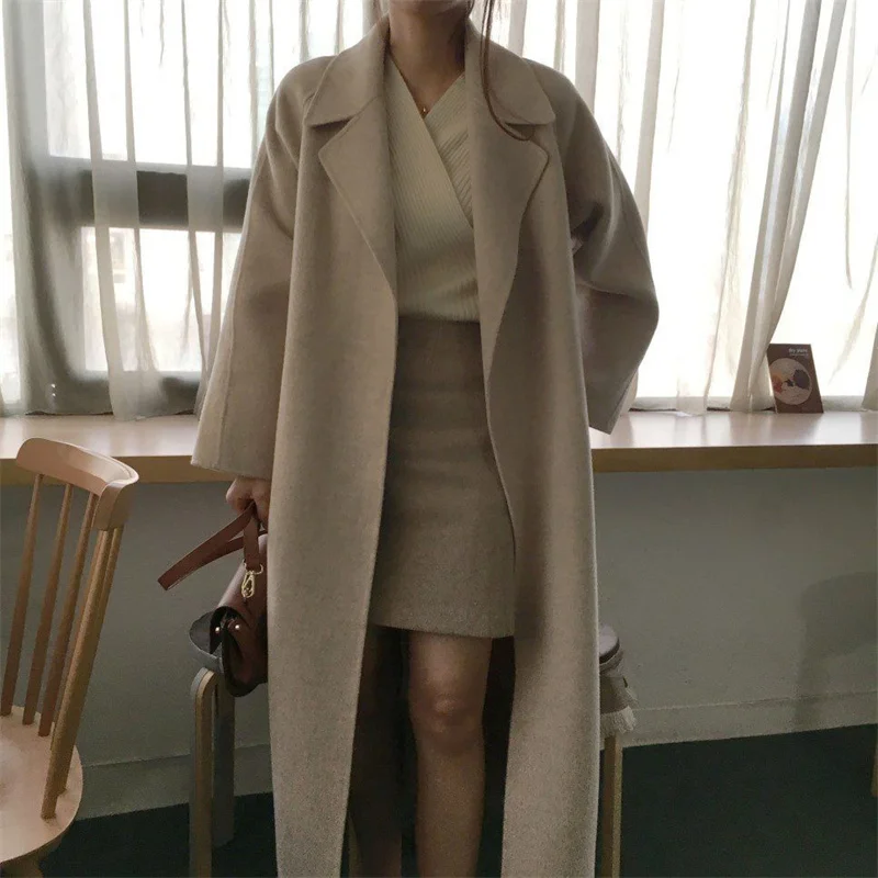 Chic Thick Warm Lapel Lace-up Pockets Loose Woolen Coat 2024 Autumn Winter New Korean Female Long Oversize Casual Women Clothes