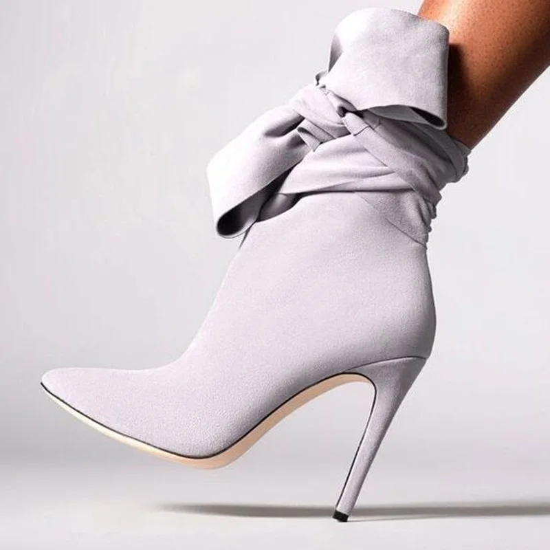 Grey Suede Lace-up Bowtie Pointed Toe Woman Stiletto Heel Short Boots Straps Cross Thin Heel Spring Ankle Boots Wrap Tie