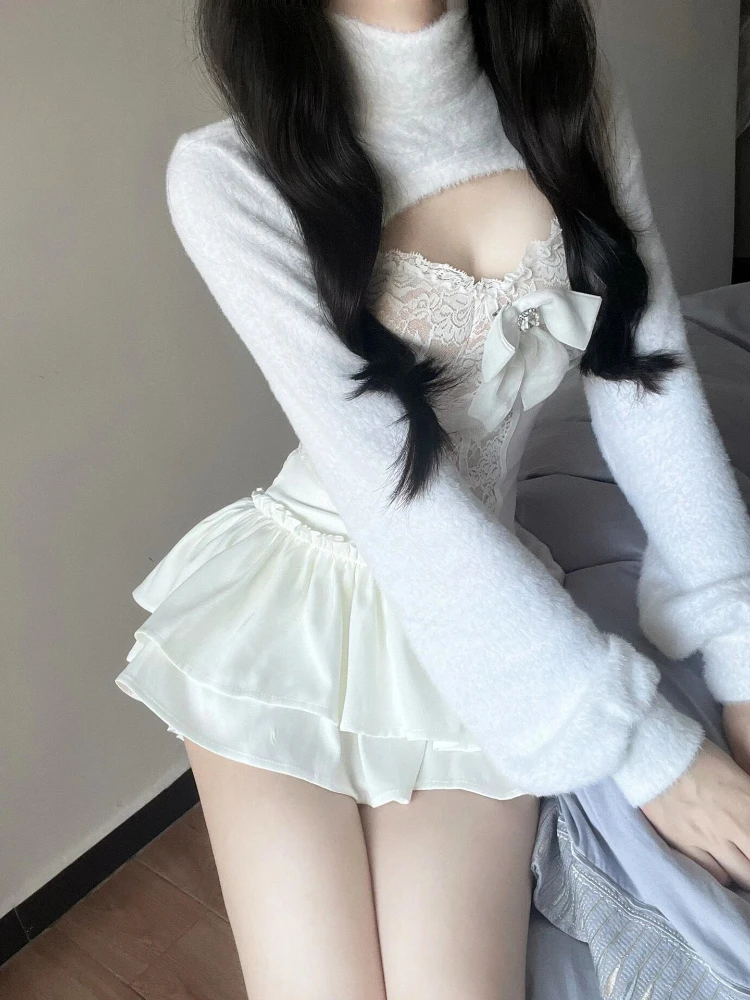 Korean Fashion White Skirt Sets Women Casual Slim Crop Tops + Sexy Y2K Lace Vest + Sweet Party Kawaii Mini Skirt 2024 Spring