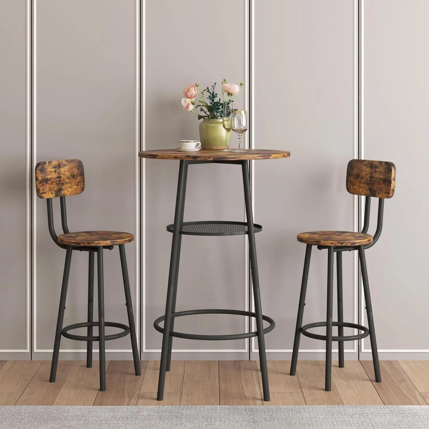 Modern Bar Table Set With 2 Bar Stools - Stylish And Space-Saving Furniture For Kitchen And Dining Areas (Brown)