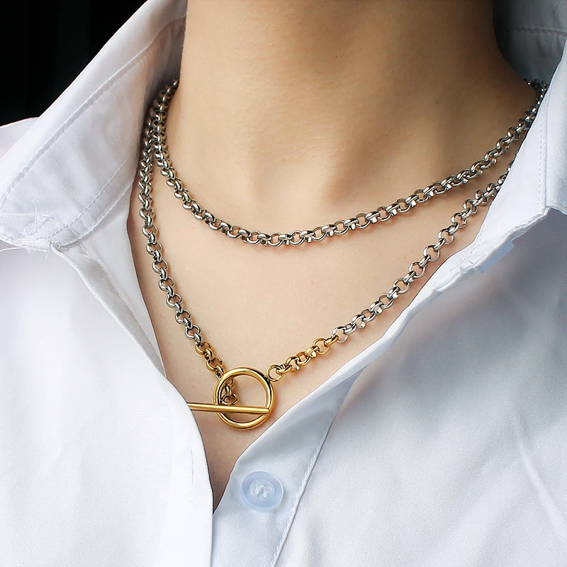 Minimalist OT Closure Stainless Steel 2-Tone Chunky Link Necklace for Women Men Geometric Shape Stones