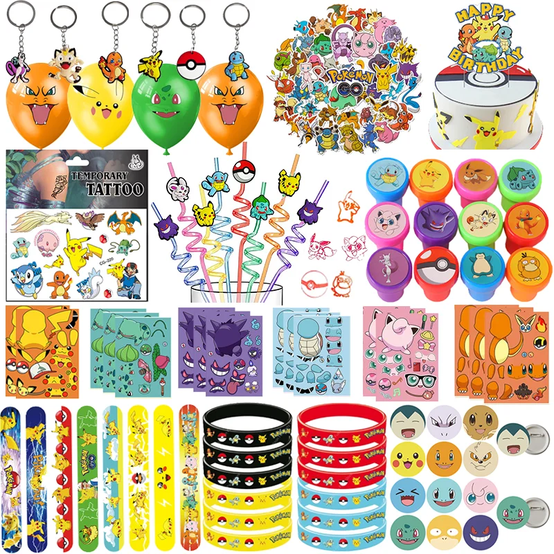 Ensemble de décorations de fête d'anniversaire Pokémon, cadeaux, autocollants, ballons, bracelets à claquer, sacs cadeaux, récompenses pour enfants, fournitures de fête