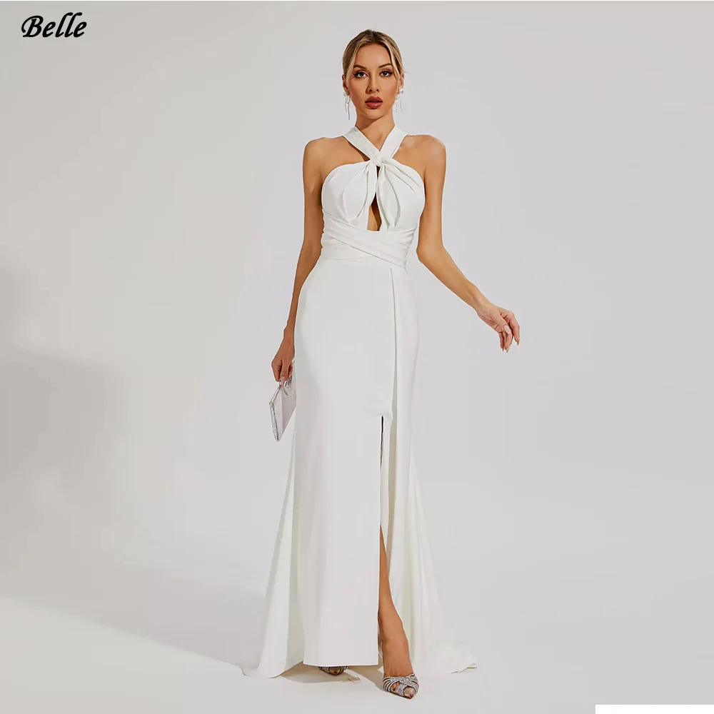 Maßgeschneidertes Neues Plissiertes Satin Ärmelloses Neckholder Langes Hochzeitskleid Sexy Geschlitztes Rückenfreies Strand-Brautkleid Meerjungfrau-Brautkleid
