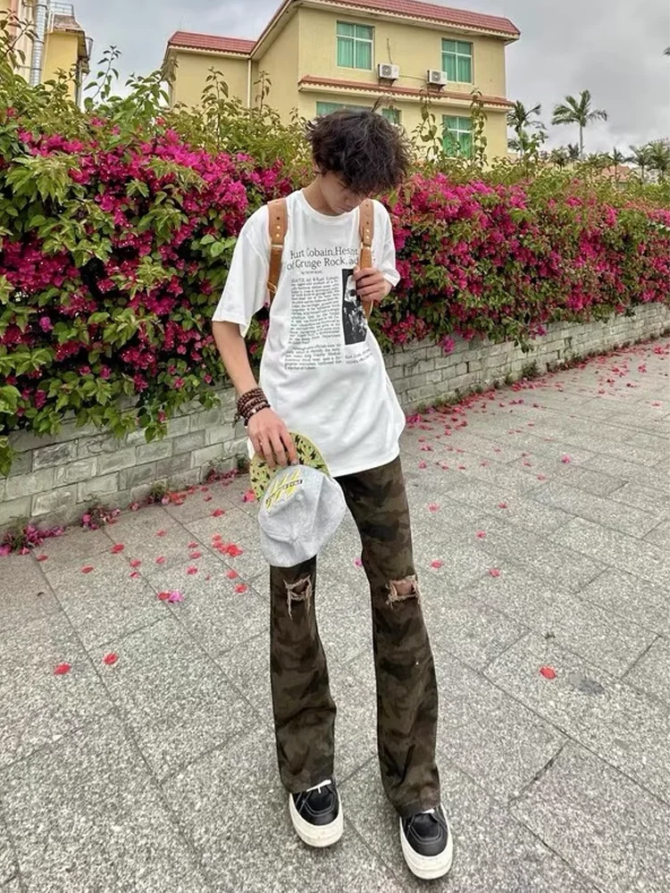 

Ретро-джинсы унисекс в американском стиле с камуфляжным принтом и эффектом потертости, зауженные, свободные, слегка расклешенные, длинные брюки Haome, трендовые