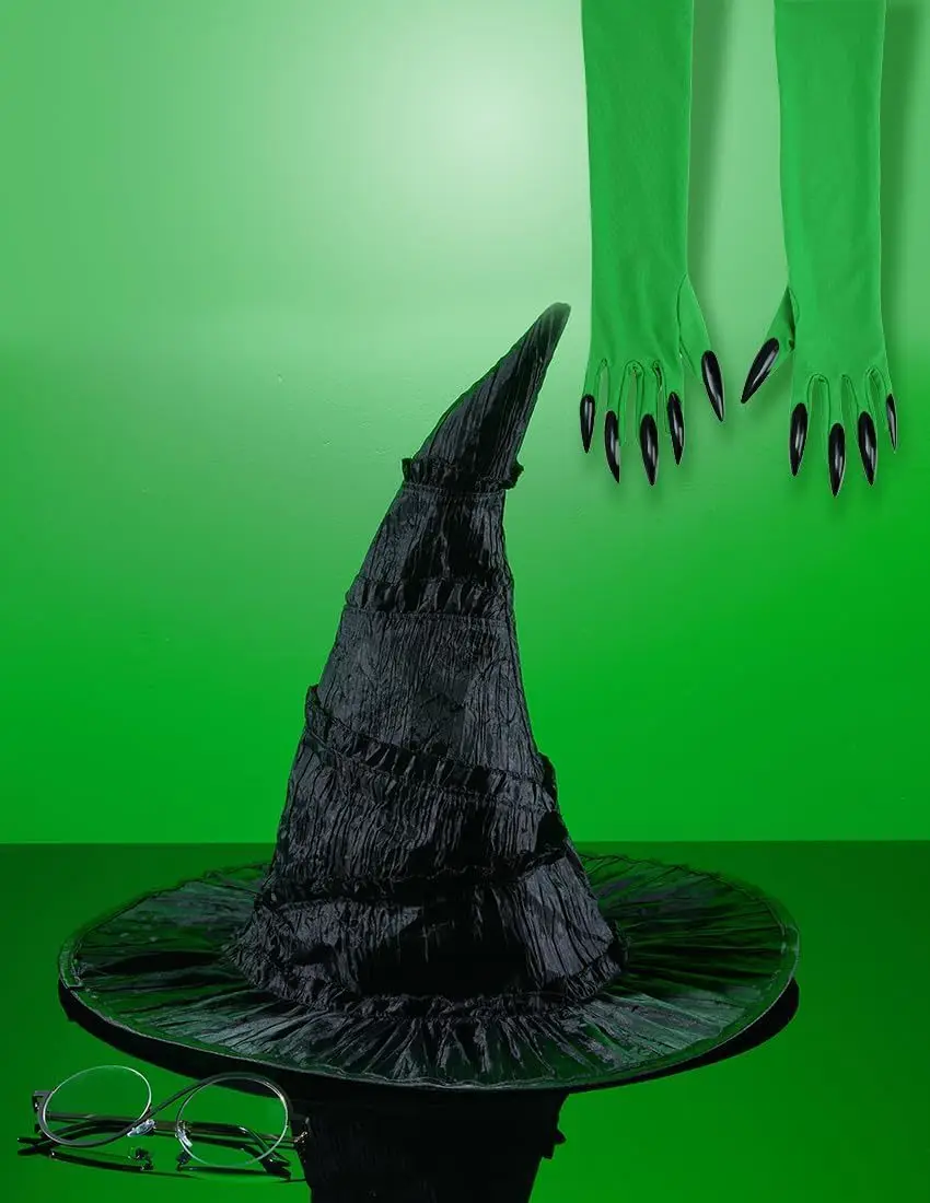 4 gafas de disfraz de bruja, sombrero malvado, guantes de bruja malvada verde, accesorios de Cosplay de película de Halloween, accesorios para mujeres, juegos de rol