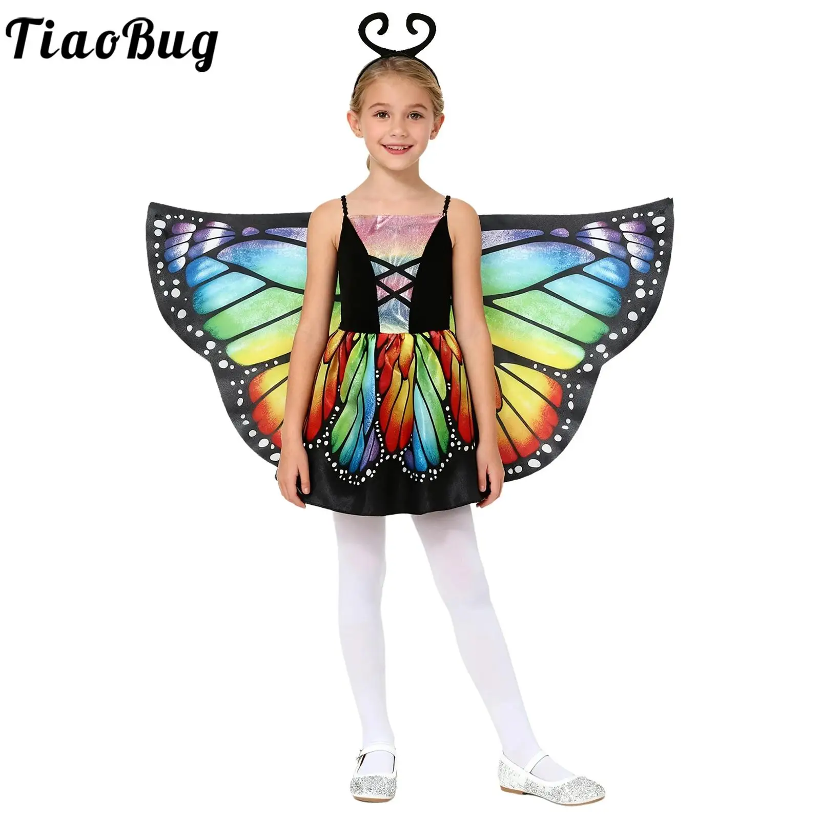 

Kids Girls Halloween Butterfly Fairy Cosplay Costume Outfit Ballet Dancewear Tutu Dress with Headband and Detachable Wings Set