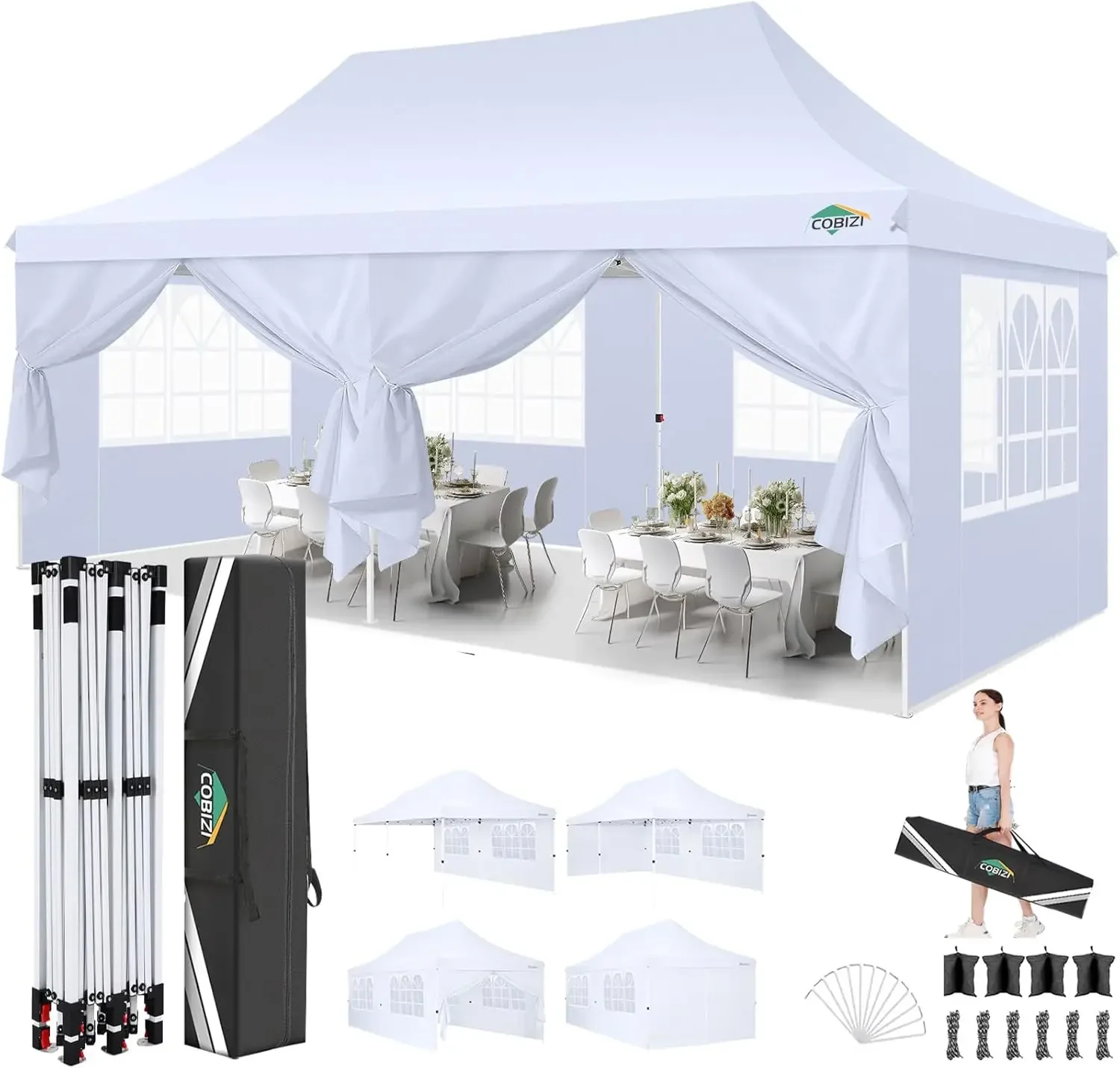 

10x20 Pop Up Canopy with 6 Sidewalls, Conical Party Tent 10x20 with 3 Adjustable Height Waterproof, (Frame Upgraded)
