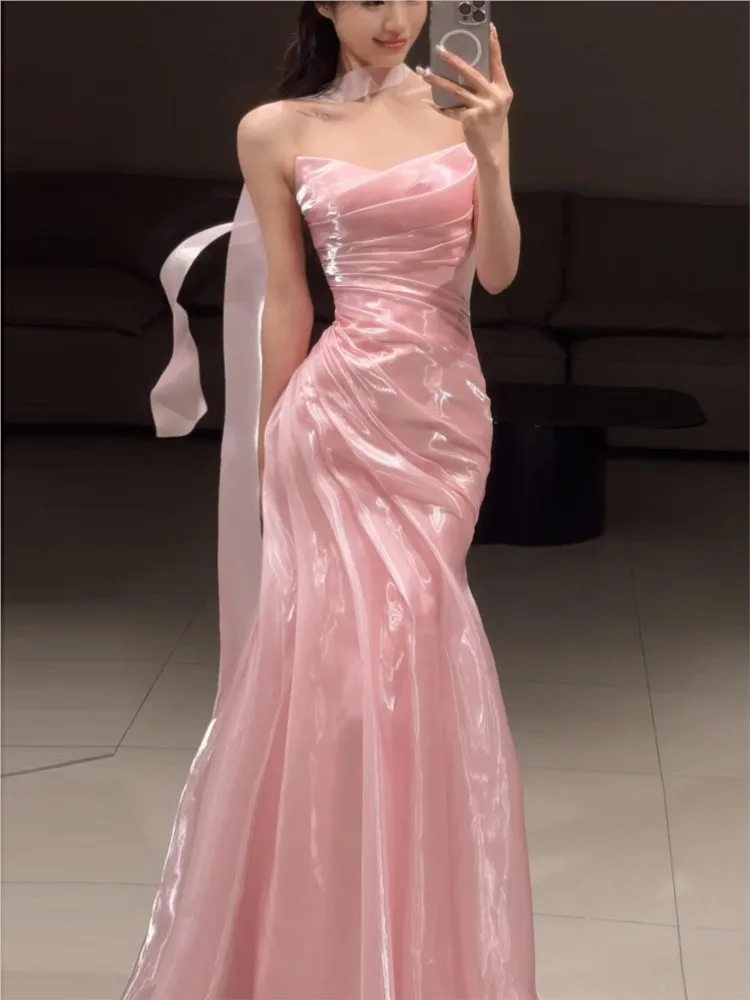 

Pink toasting strapless fish-tail style banquet host long dress